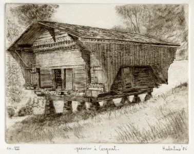 Small barn near Leysin - etching 21x27cm 1986. Free illustration for personal and commercial use.