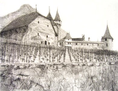 Castle of Aigle in Swiss Canton Vaud - etching 25x31cm 198…