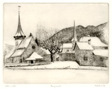 Rougemont covered in fresh snow - etching 23x30cm 1980. Free illustration for personal and commercial use.