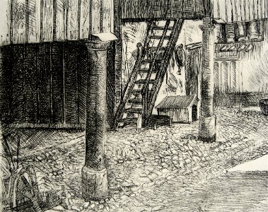 Backyard of a farm in Ollon - detail of an etching 14x22cm…