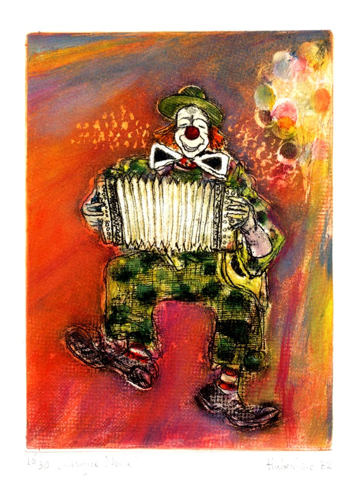 Clown of Circus Nock, a small Swiss circus - etching 14x9c…