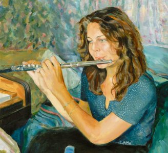 Mieke plays the traverse flute - oil painting on canvas 68…