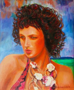 Girl on a beach of the Canary Islands - oil painting on ca…. Free illustration for personal and commercial use.