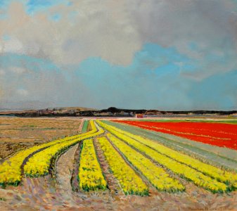 Tulips fields behind the dunes - oil painting on canvas 55…. Free illustration for personal and commercial use.