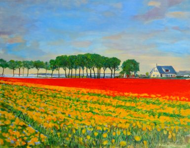 Red and yellow tulip fields at Noordwijk - oil painting on…
