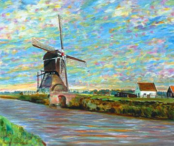 Hellouw, cornmill at a canal - oil painting on canvas 92x1…