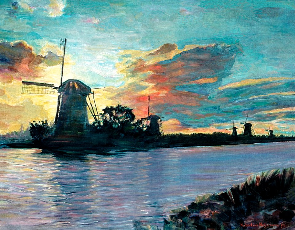 Kinderdijk - oil painting on canvas 68x87cm 1994. Free illustration for personal and commercial use.