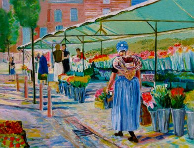 Flower market in the town of Goes - oil painting on canvas…. Free illustration for personal and commercial use.