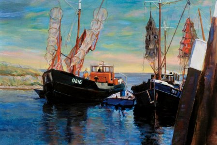 Fishing boats OD16 and OD14 in Ouddorp harbour -oil painti…. Free illustration for personal and commercial use.