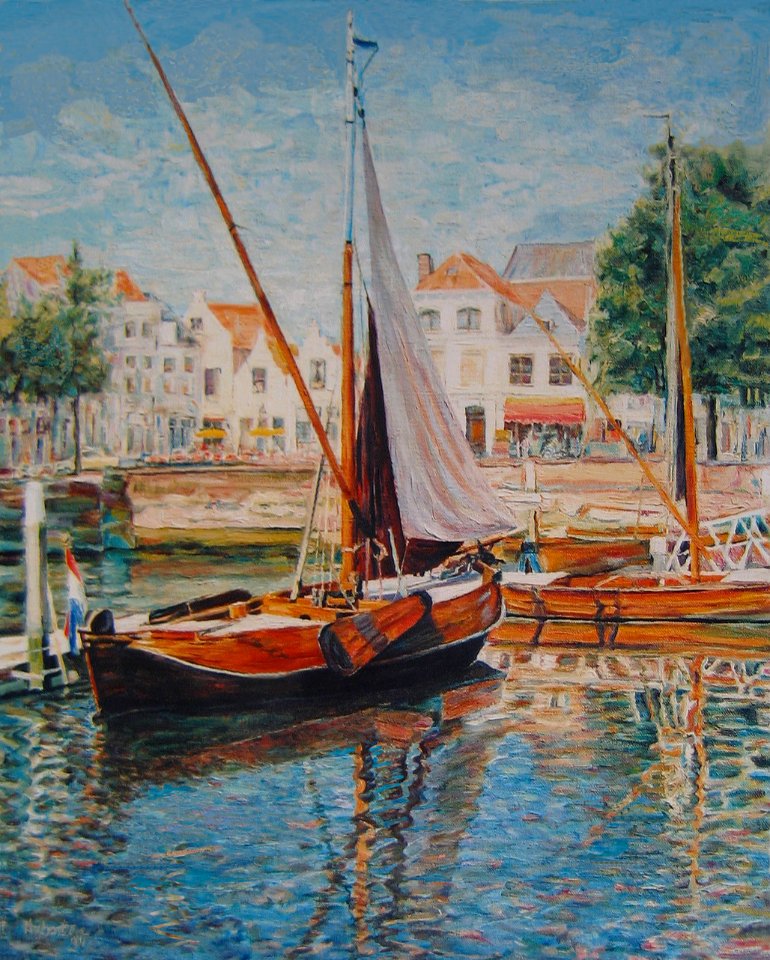 Zierikzee 'The Old harbour', is a plein-air museum. Oilpai…. Free illustration for personal and commercial use.