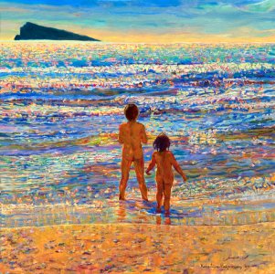 Playa de Levante at sunset - oil painting on Flemish canva…. Free illustration for personal and commercial use.
