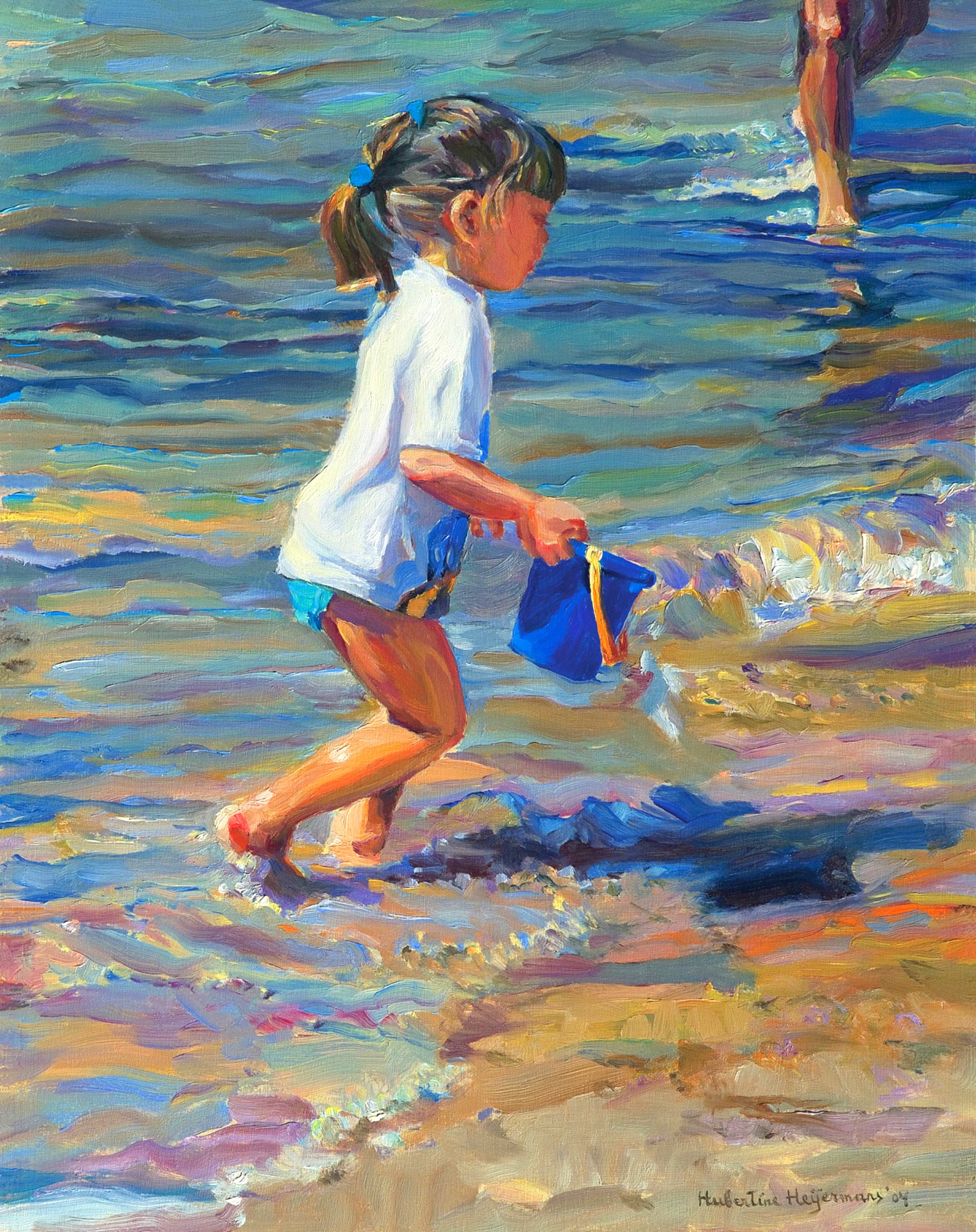 Original oil painting or print of young girl on a log overlooking beach with blue sky, order one of a kind child portrait art