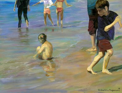 Little girl sitting in the water of the sea - oil painting…