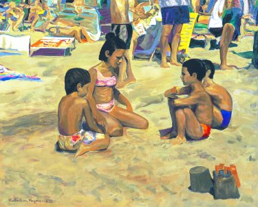 Four children together on the beach - oil painting on pane…. Free illustration for personal and commercial use.