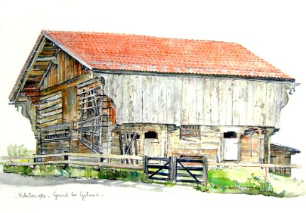 Large wooden barn at Grund bei Gstaad - watercolour 30x40c…. Free illustration for personal and commercial use.