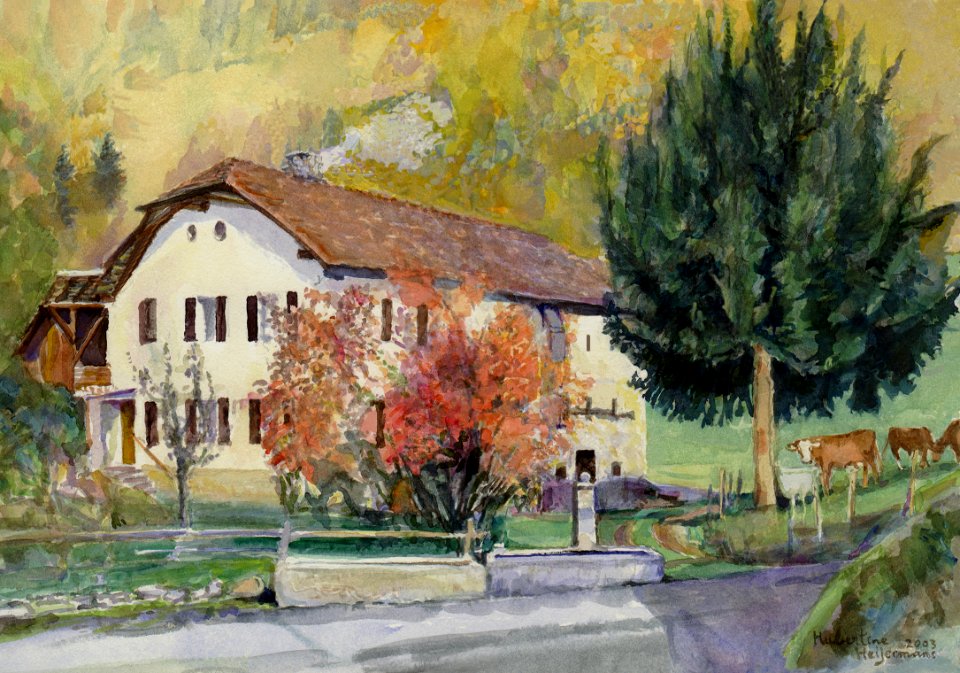 Farm at Glutières, Vaud - watercolour 27x38cm 2003. Free illustration for personal and commercial use.