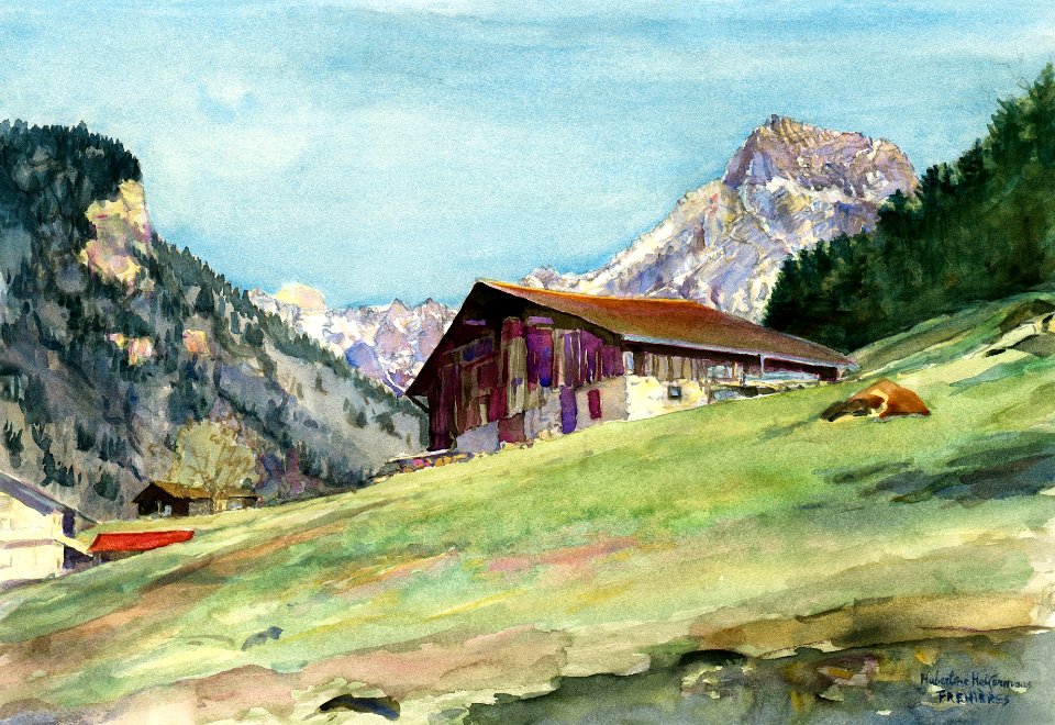 Frenières above Bex and the 'Grand Muveran' - watercolour …. Free illustration for personal and commercial use.