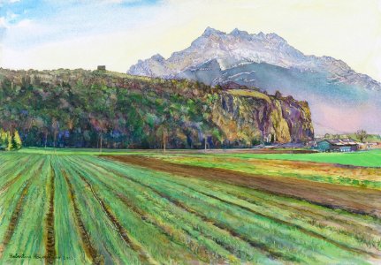 The plain around a big rock in the Rhône river valley - wa…. Free illustration for personal and commercial use.