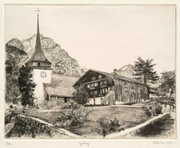 Church tower of Gsteig, Canton Bern - etching 28x36cm 1986…
