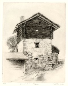 Mountain barn and bread oven at 'Les Posses' - etching 25x…
