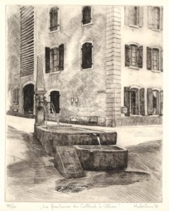 Fountain 'Le Cotterd' in Ollon- etching 32x25cm 1981. Free illustration for personal and commercial use.