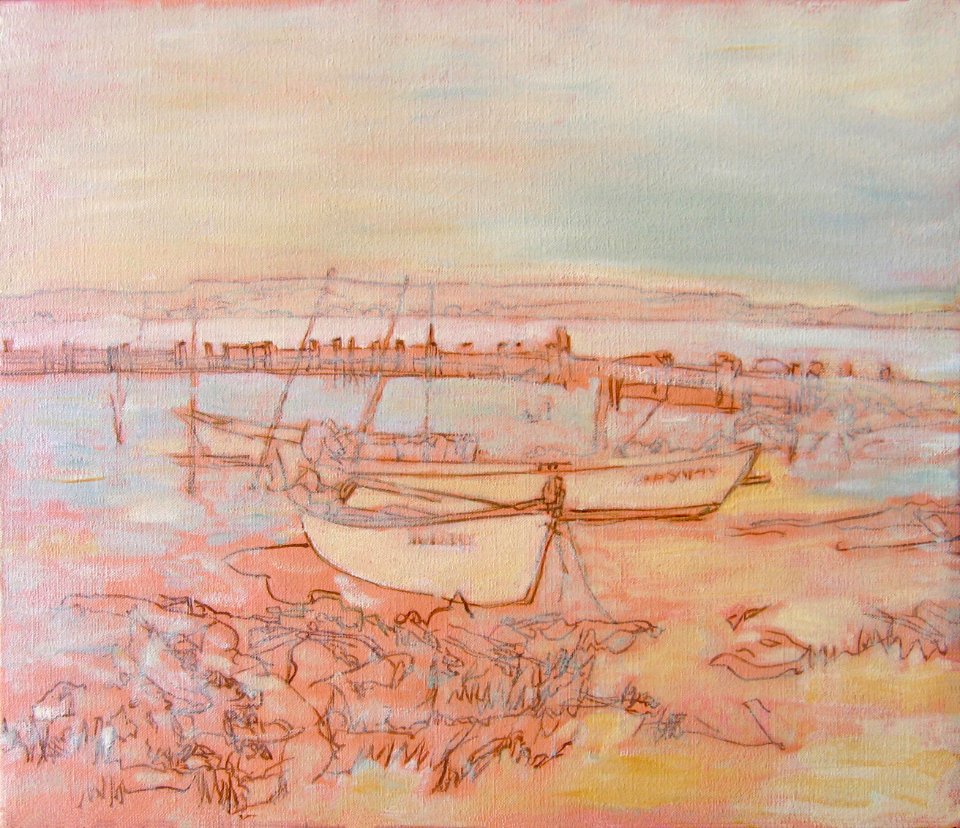 Boats on Bages beach - sketch for an oil painting 38x45cm …