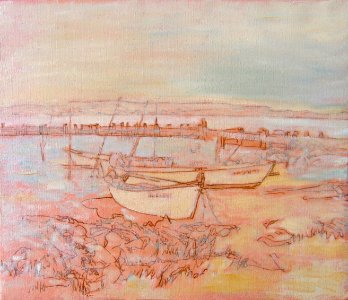 Boats on Bages beach - sketch for an oil painting 38x45cm …