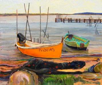 Two fishing boats near Bages - oil painting on Dutch canva…. Free illustration for personal and commercial use.