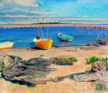 Fishing nets drying - oil painting on Flemish canvas 55x64…