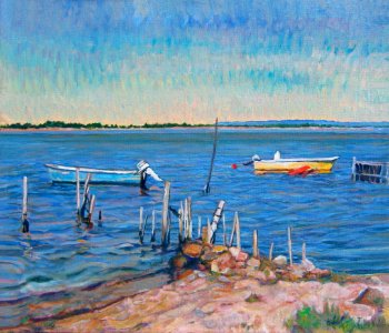 Boats moored near Bages - oil painting on canvas 35x39cm 2…. Free illustration for personal and commercial use.