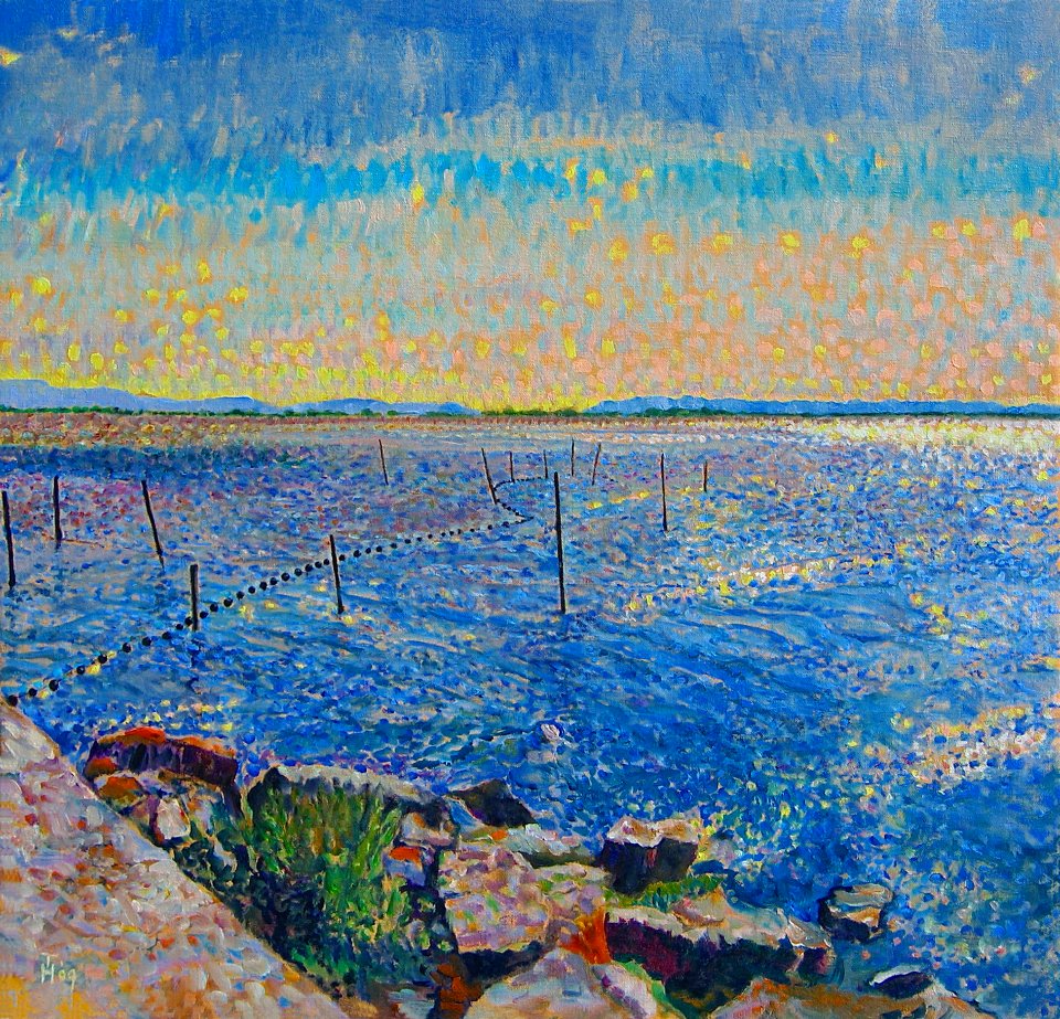 Sparkling light on the lake of Leucate - oil painting on c…. Free illustration for personal and commercial use.