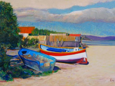 Fishing boats in the shade - oil painting on Dutch canvas …