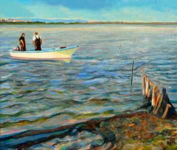 Two men from Bages go fishing - oil painting on canvas 38x…