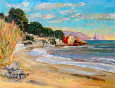 Penon de Ifach seen from far away - oil painting on canvas…. Free illustration for personal and commercial use.