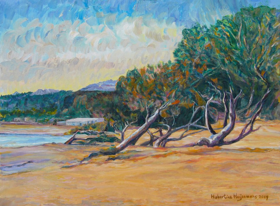 Moraira 2, pinetrees bending down - oil painting on canvas…. Free illustration for personal and commercial use.