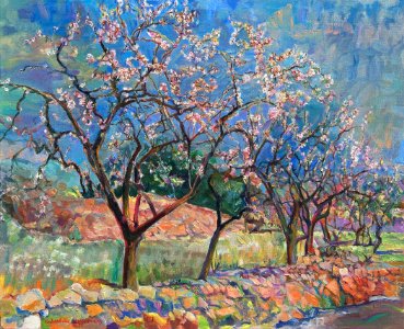 Almond trees flowering near Finestrat - oil painting on ca…. Free illustration for personal and commercial use.