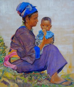 Woman and child - oil painting on Flemish linen 55x64cm 20…