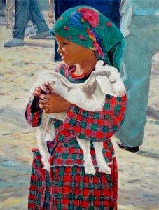 Little girl holding a goat - oil painting on canvas 45x60c…. Free illustration for personal and commercial use.