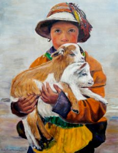 A girl is holding 2 goats - oil painting on canvas 70x53cm…. Free illustration for personal and commercial use.