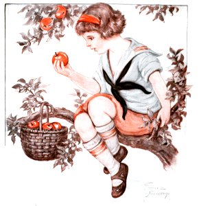 Girl in Apple Tree. Free illustration for personal and commercial use.
