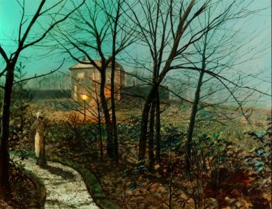 Woman on a path by a cottage - John Atkinson Grimshaw