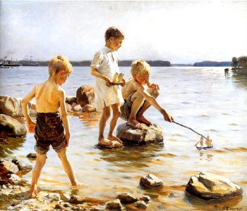 Boys playing on the shore - Albert Edelfelt. Free illustration for personal and commercial use.