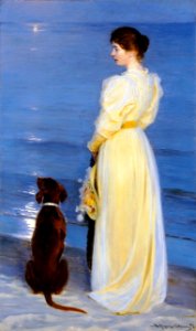 Summer Evening at Skagen , the Artist's Wife with a Dog on the Beach - Peder Severin Krøyer