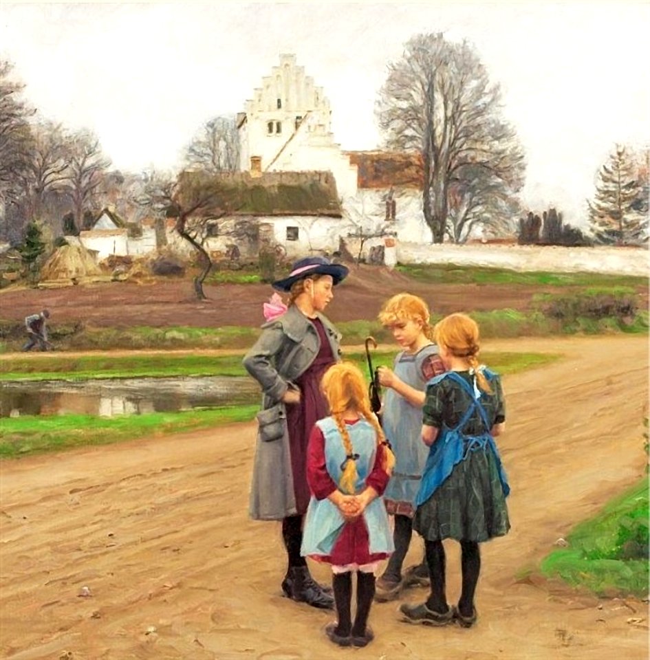 Four Girls chatting in front of the Village Church - Hans Andersen Brendekilde