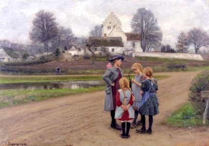 Four Girls chatting in front of the Village Church - Hans Andersen Brendekilde