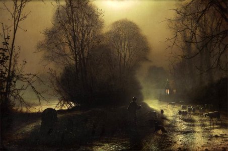 Shepherd with sheep in a moonlit lane - John Atkinson Grimshaw. Free illustration for personal and commercial use.