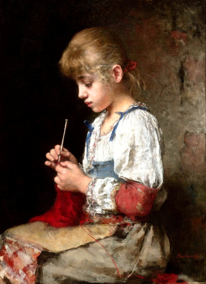 A young girl crocheting - Alexei  Harlamoff