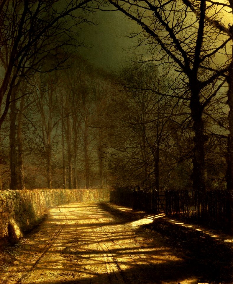 A Moonlit Lane with two lovers by a gate - John Atkinson Grimshaw