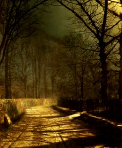 A Moonlit Lane with two lovers by a gate - John Atkinson Grimshaw