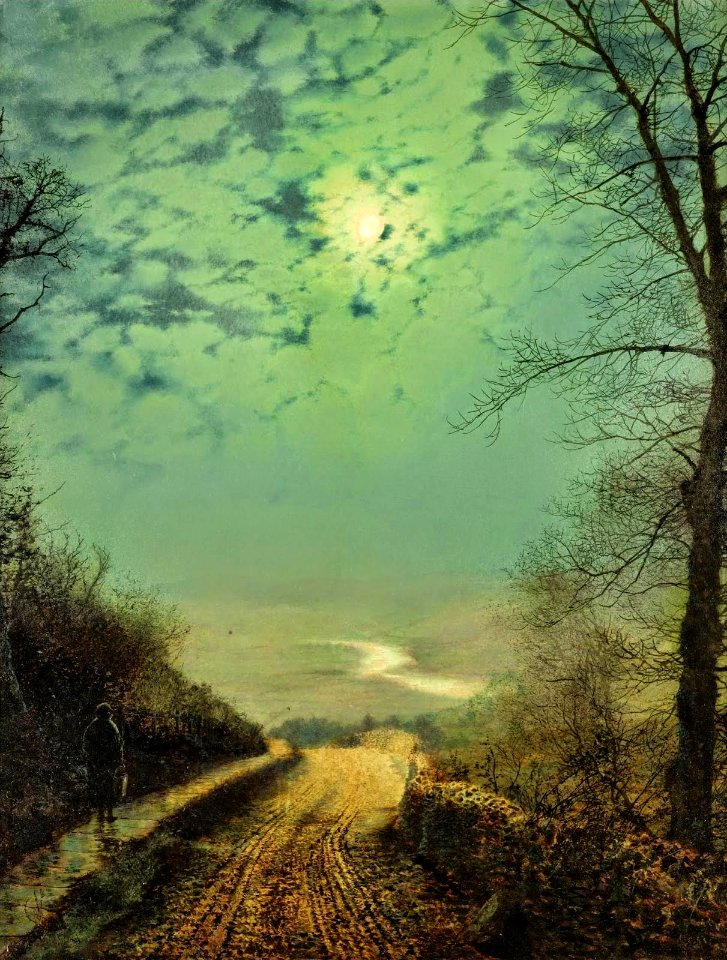 A Wet Road By Moonlight , Wharfedale -   John Atkinson Grimshaw